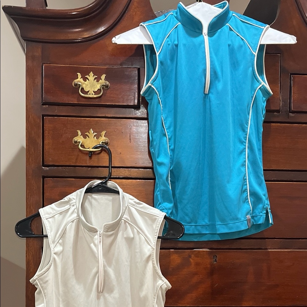 2 Sleeveless Golf Shirts Maggie Lane XS V. Good Condition Zip front Aqua & Grey